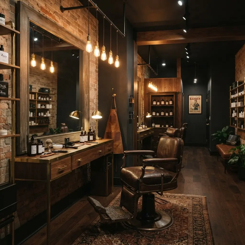 Cinematisch beleuchteter, moderner Barbershop-Innenraum